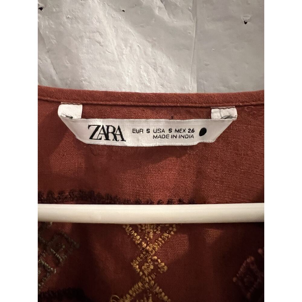 Zara Rust Floral Embroidered V Neck Popover Shirt Sz S Boho Peasant Linen Blend - Picture 6 of 10